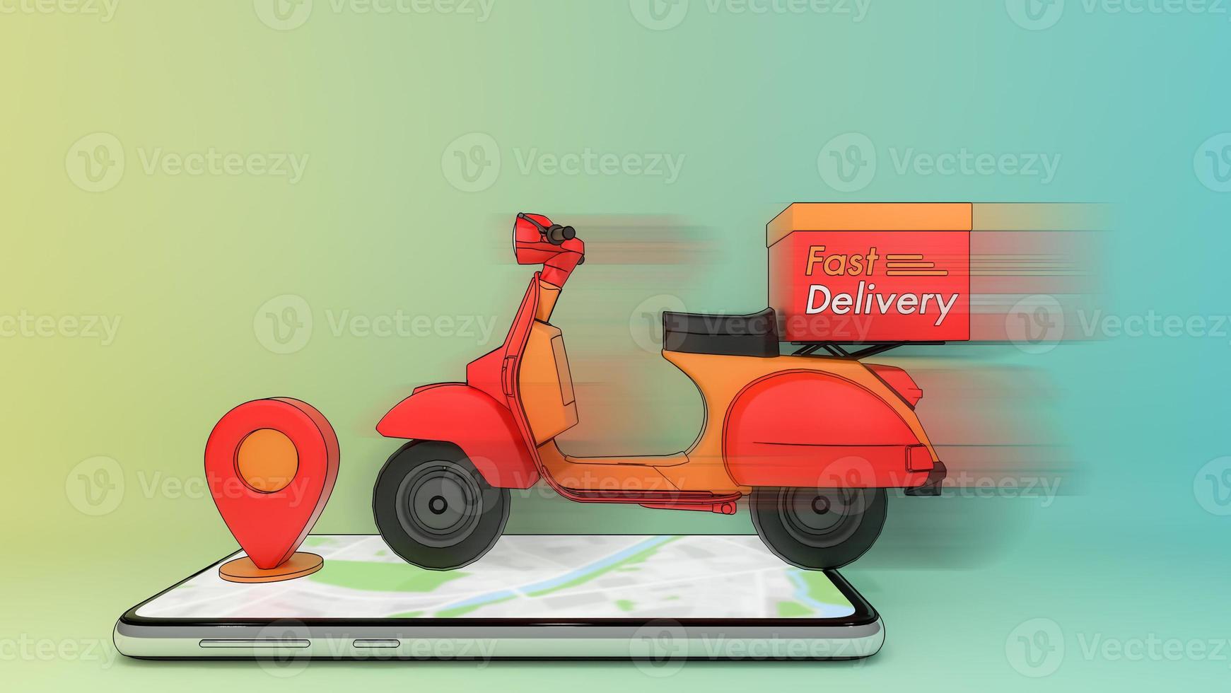 Moving scooter on mobile phone with red pinpoint.,Concept of fast delivery service and Shopping online.,3d illustration with object clipping path. photo