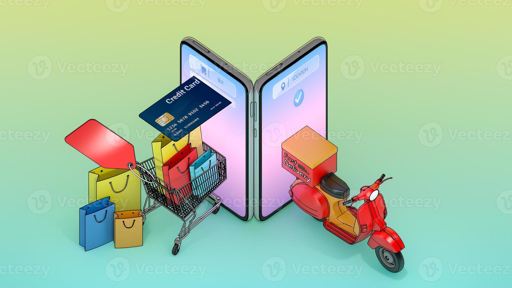 Bolsas de compras de papel de colores y tarjeta de crédito en un carrito con scooter aparecieron en la pantalla de los teléfonos inteligentes.,concepto de servicio de entrega rápida y compras en línea.,Ilustración 3d con ruta de recorte de objetos. foto