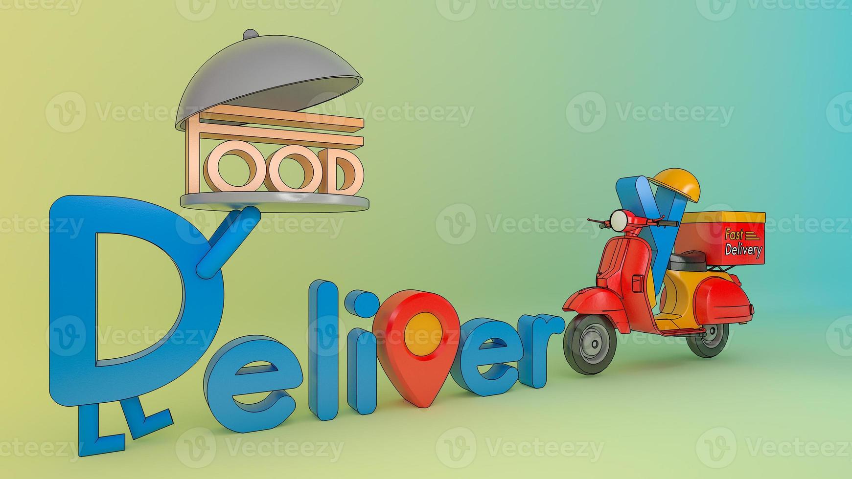 fuente de entrega de dibujos animados de personajes con scooter.,concepto de servicio de entrega de comida rápida y comida en línea.,ilustración 3d con ruta de recorte de objetos. foto