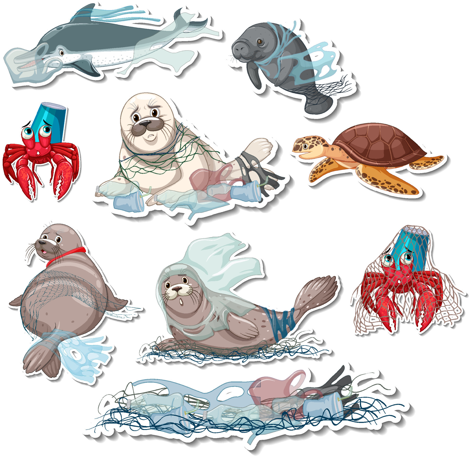 Sticker pack of different sea animals stuck in plastic 7474101 Vector Art  at Vecteezy