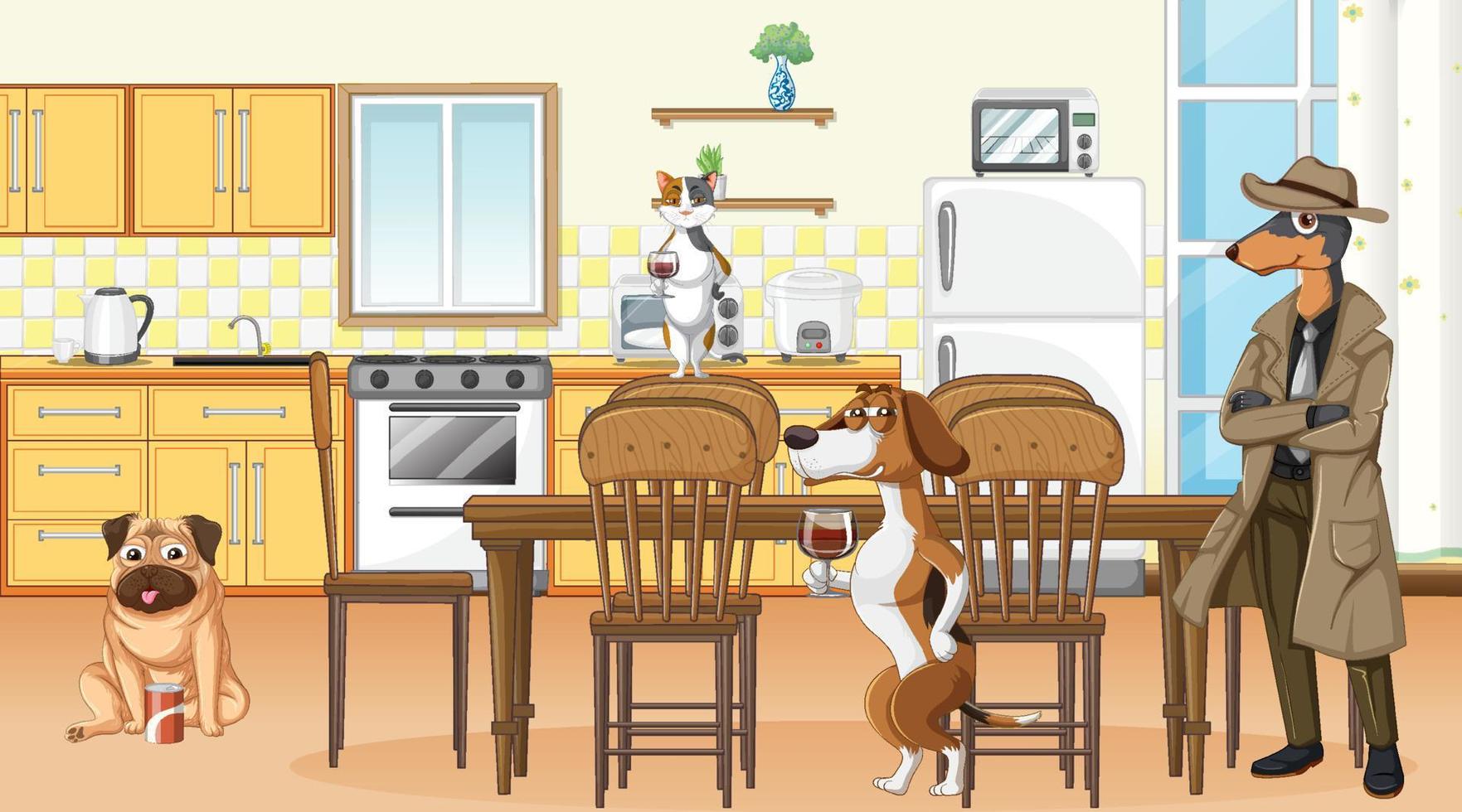 In house scene with dogs drinking wine vector