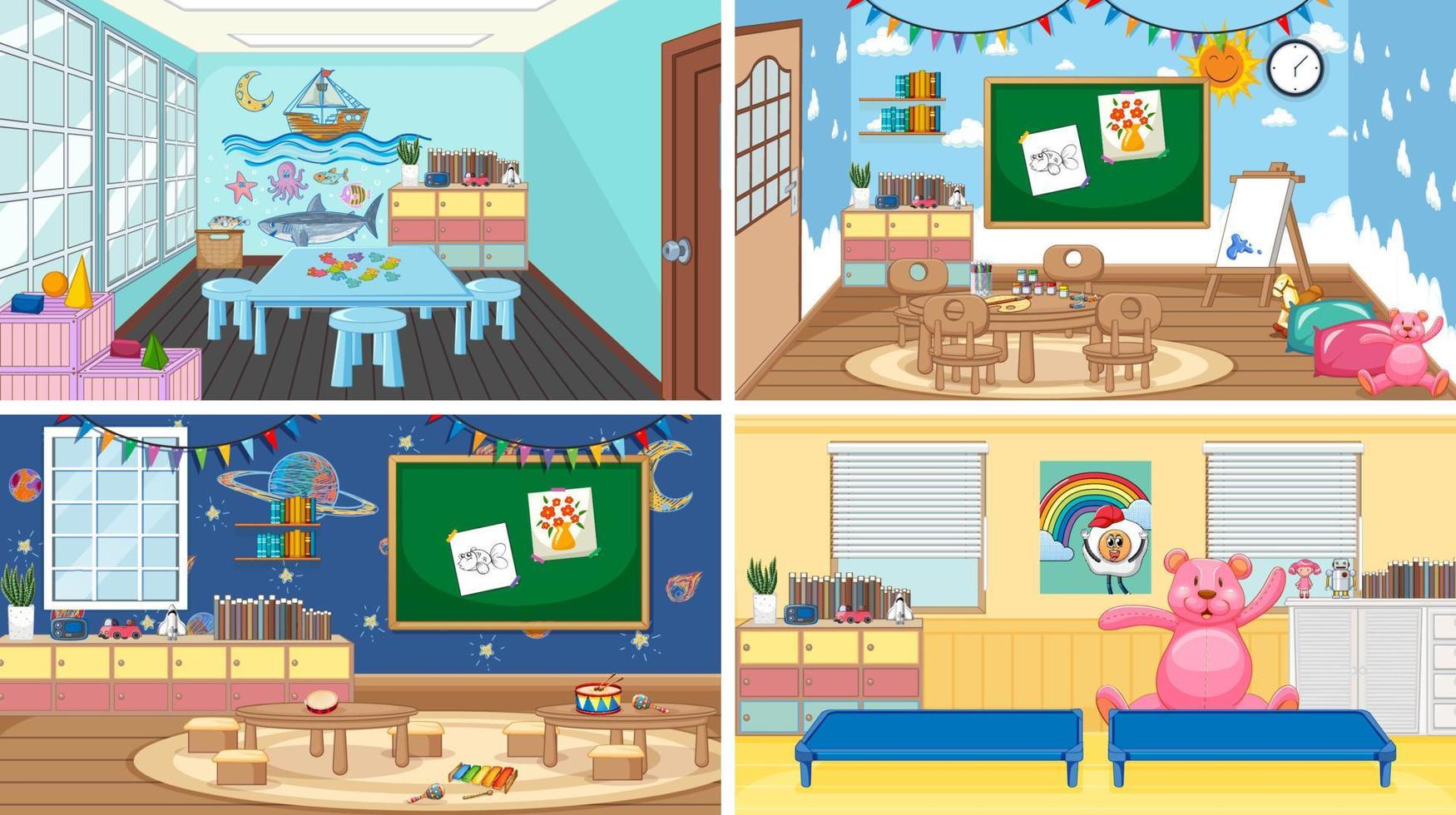 Set of different kindergarten classroom scenes vector