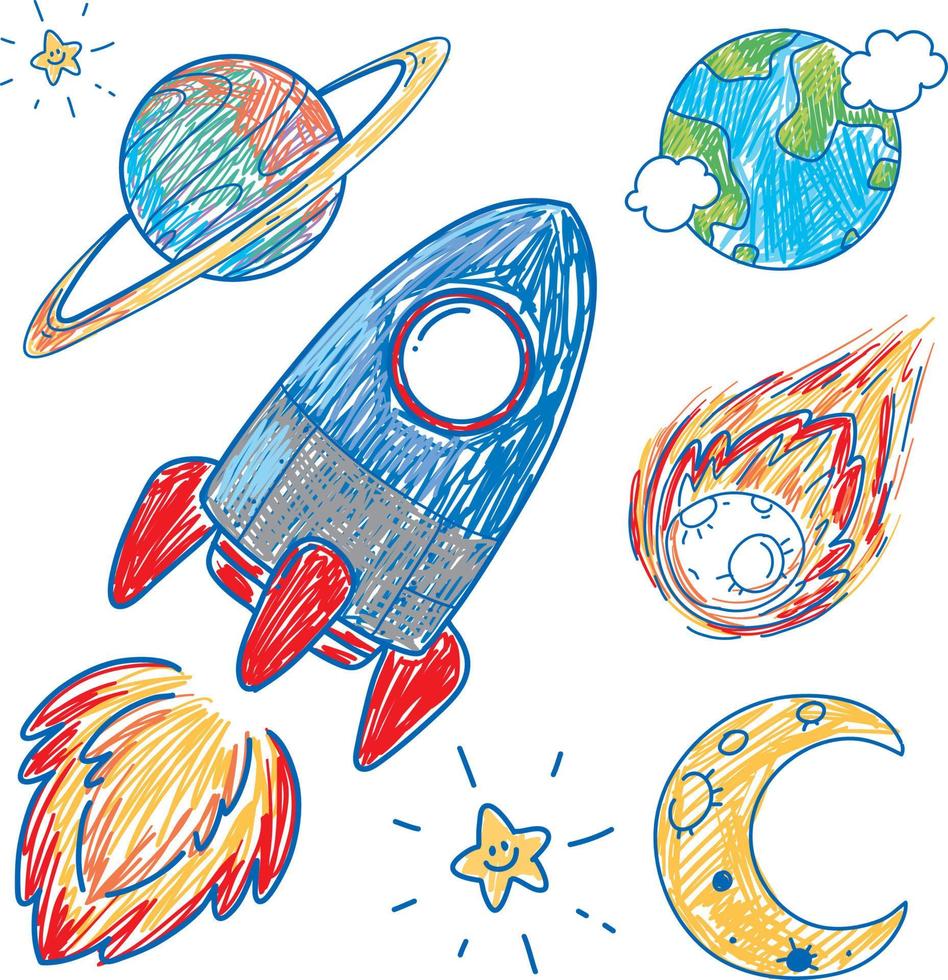 Coloured hand drawn spaceship collection vector