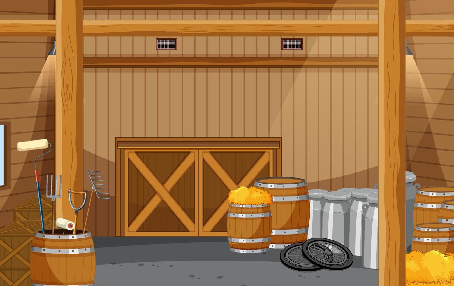 Inside the barn with hay and milk barrel vector