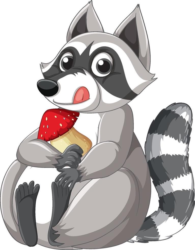 Cute cartoon raccoon sitting with mushroom on white background vector