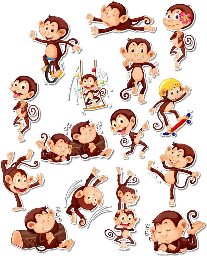 Sticker set of funny monkey cartoon characters vector