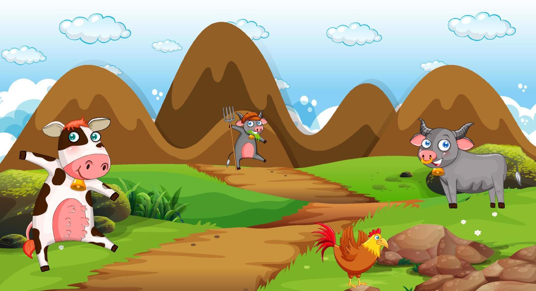 Scene with farm animals in the field vector