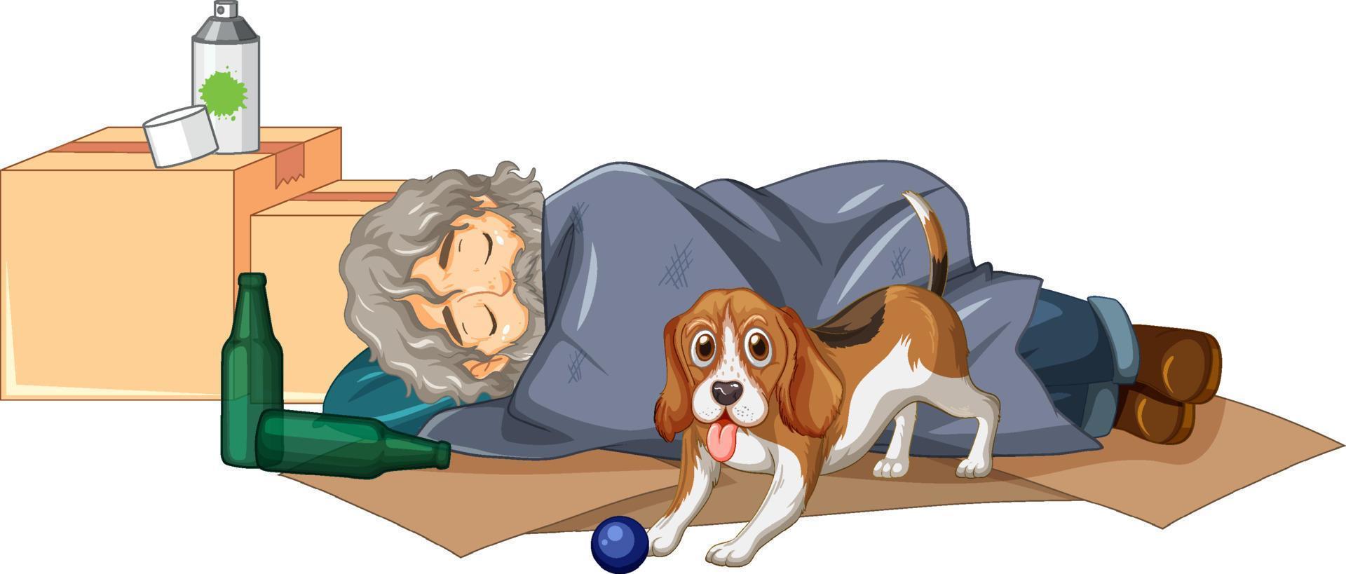 anciano sin hogar durmiendo con un perro vector