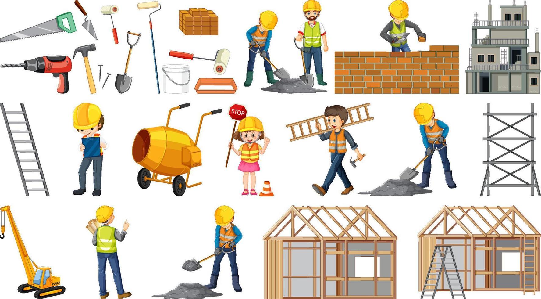 conjunto de objetos y trabajadores del sitio de construcción vector