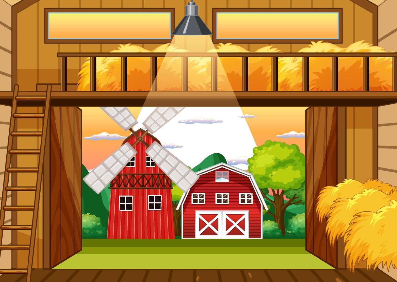 Farm scene with barn and windmill vector