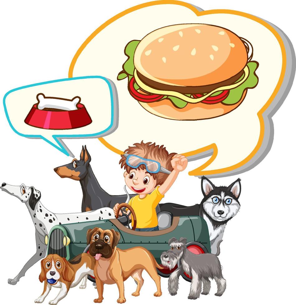 Boy with many dogs thinking of food vector