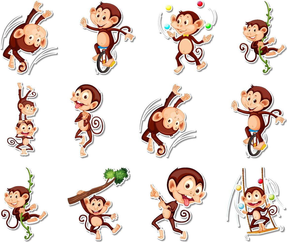 conjunto de pegatinas de divertidos personajes de dibujos animados de monos vector