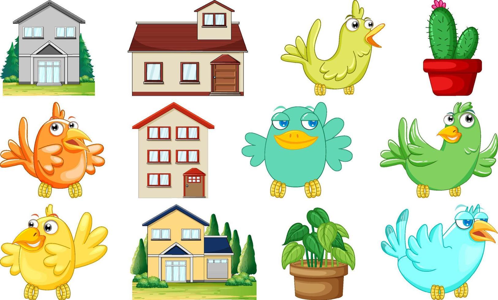 diferentes diseños de casas y lindos pájaros vector