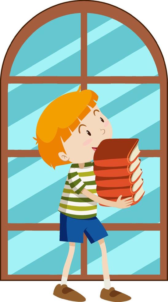 Boy holding book stack simple cartoon character vector