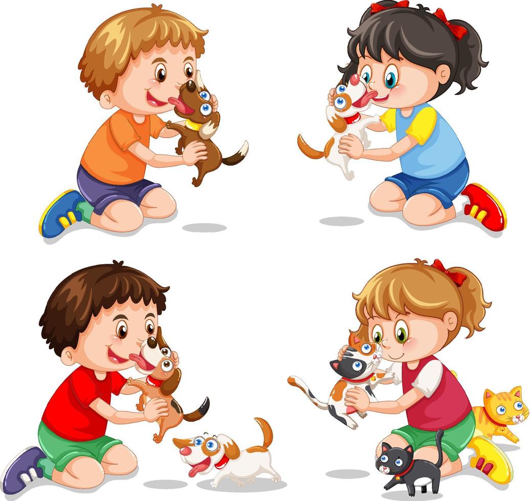 Set of children playing with their dogs vector