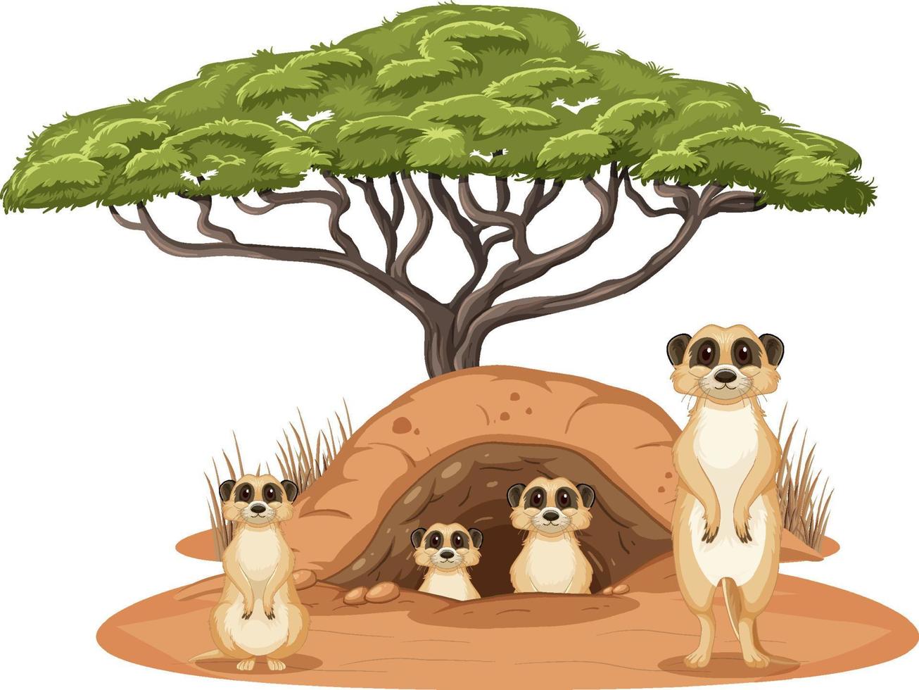 Group of meerkats with burrow on white background vector