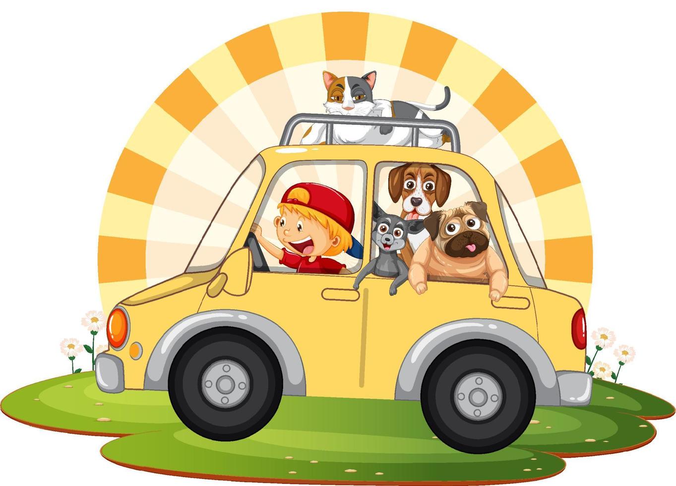 Road trip concept with domestic animals in a car vector