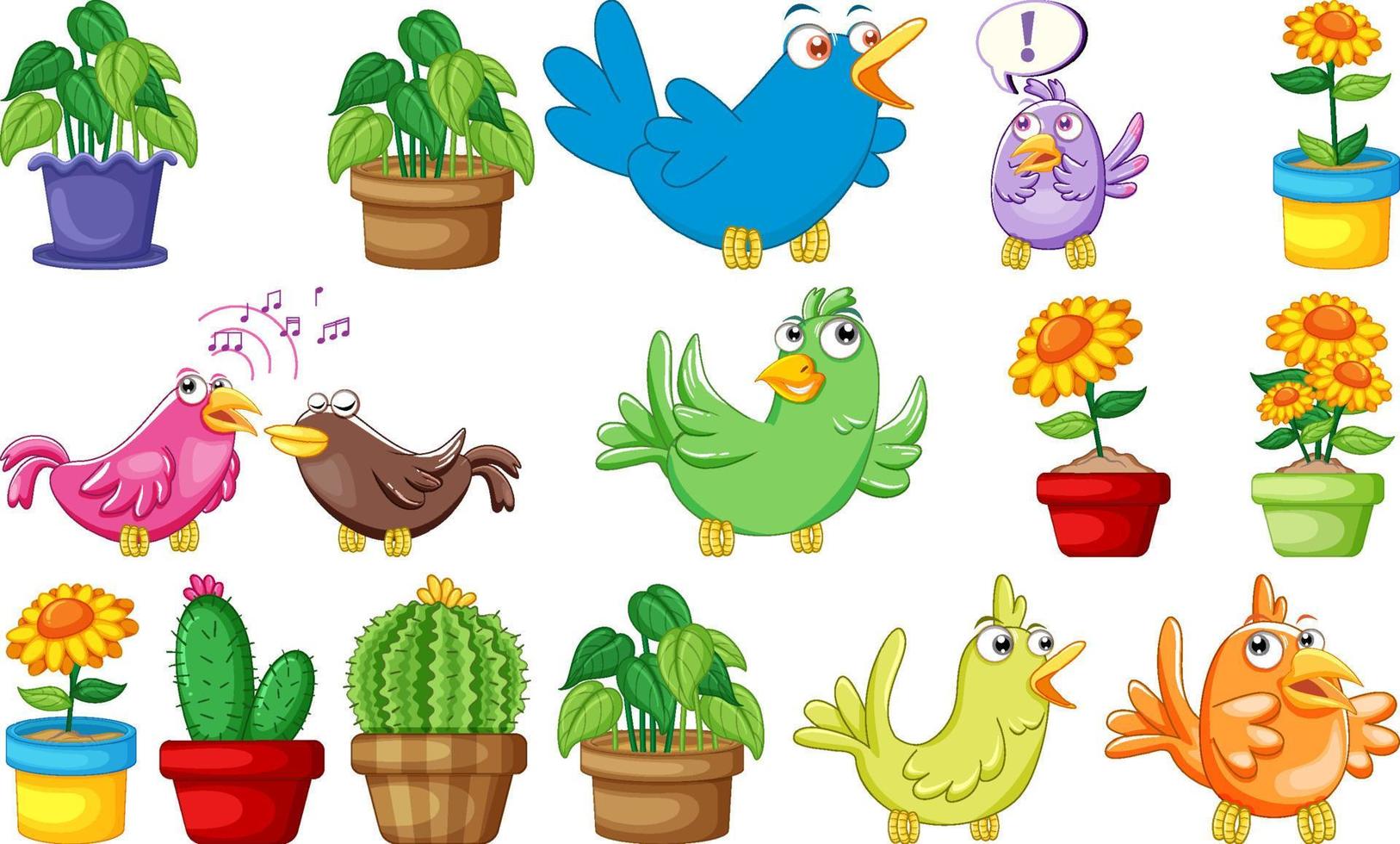 Different plants and cute birds vector