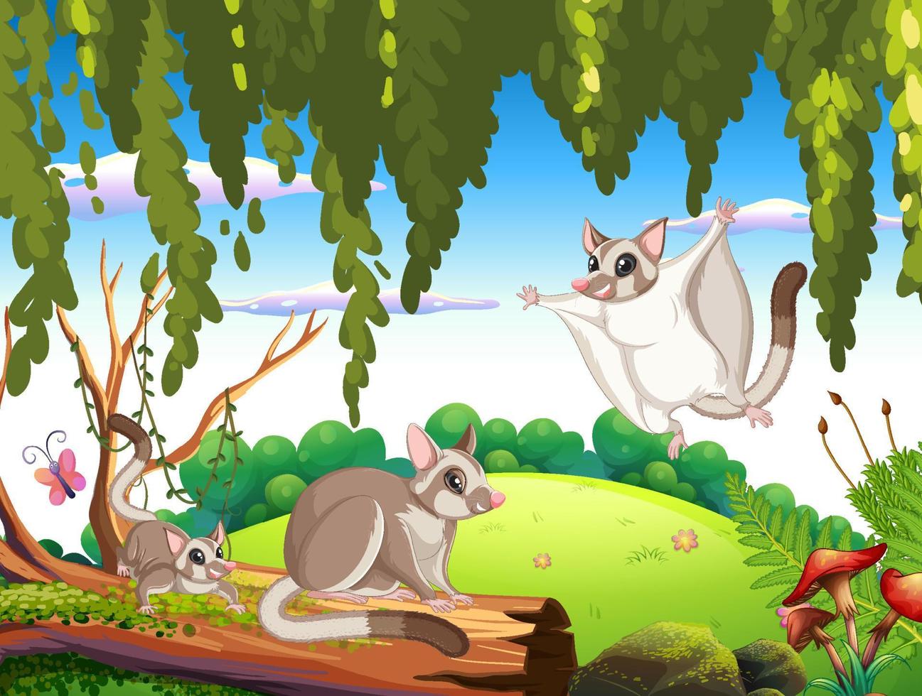 Scene with sugar gliders in forest vector