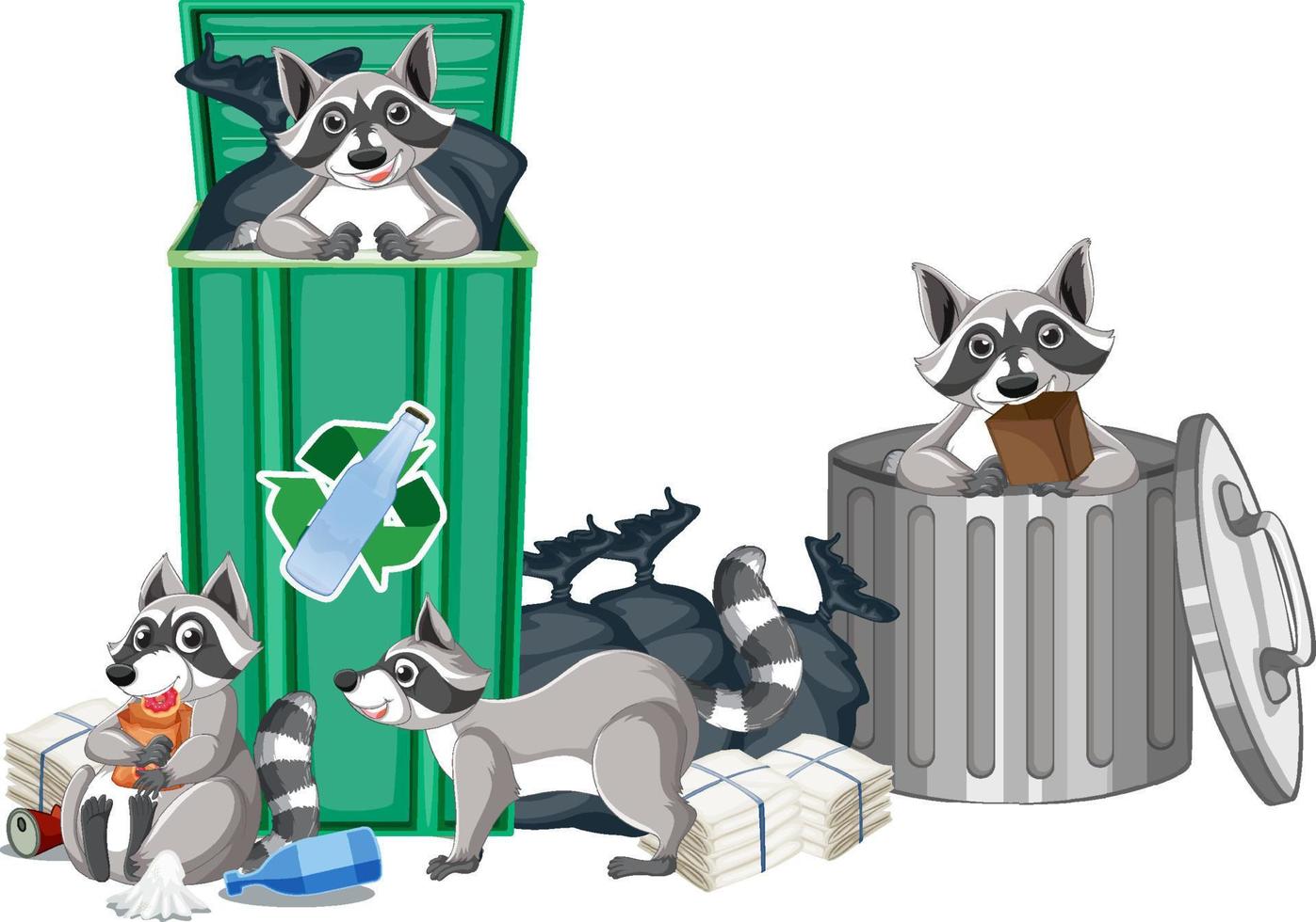 Raccoons searching food in the trashcans vector