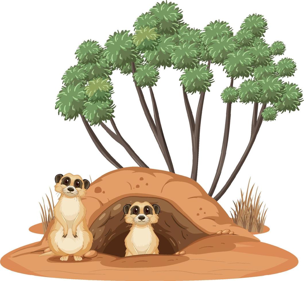 grupo de suricatas con madriguera en estilo de dibujos animados vector