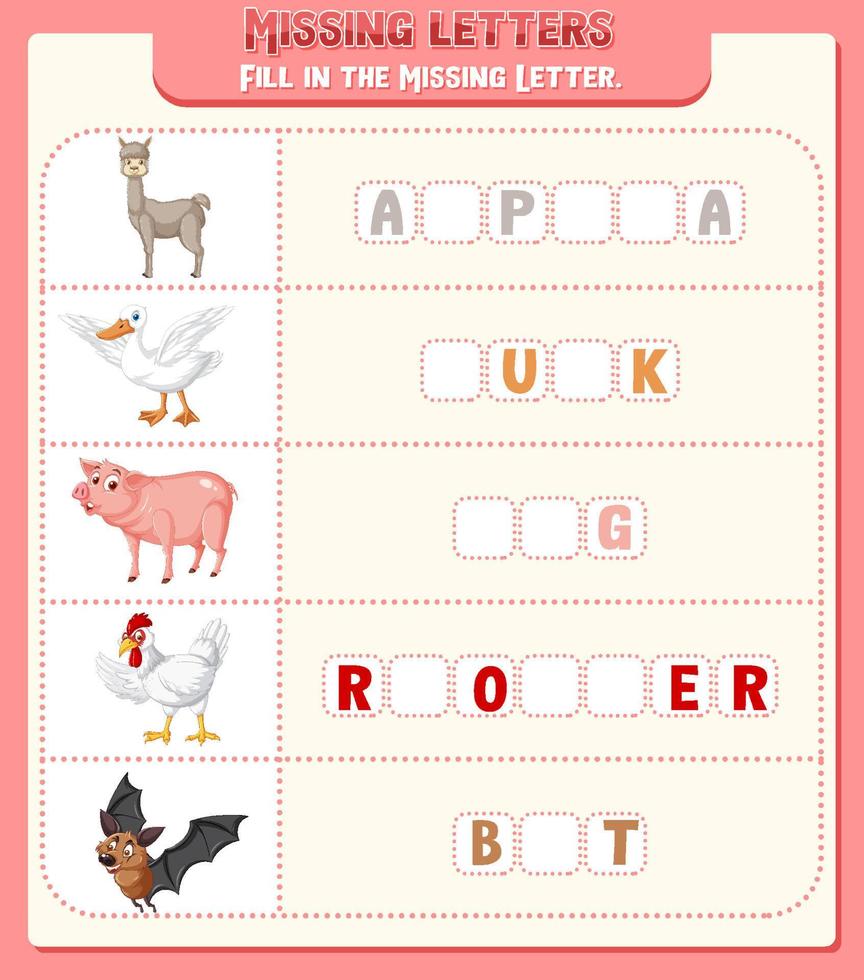 Fill the missing letter of each word worksheet for children vector