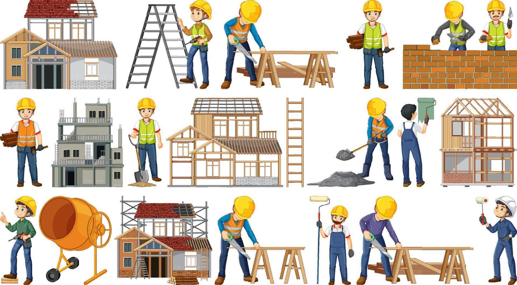 Set of construction site objects and workers vector