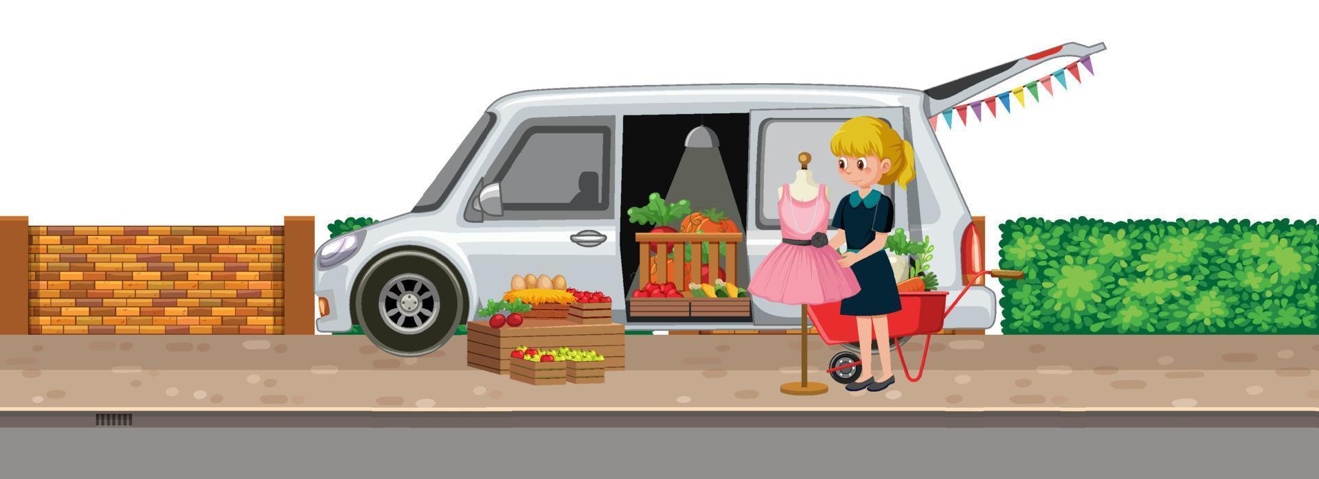 mujer de pie junto a una furgoneta de verduras vector