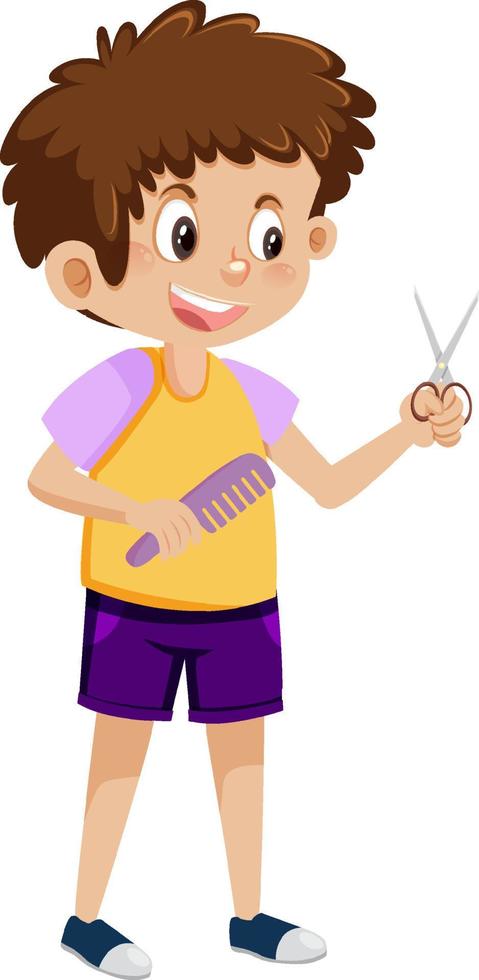 A boy holding haircut tools kit vector