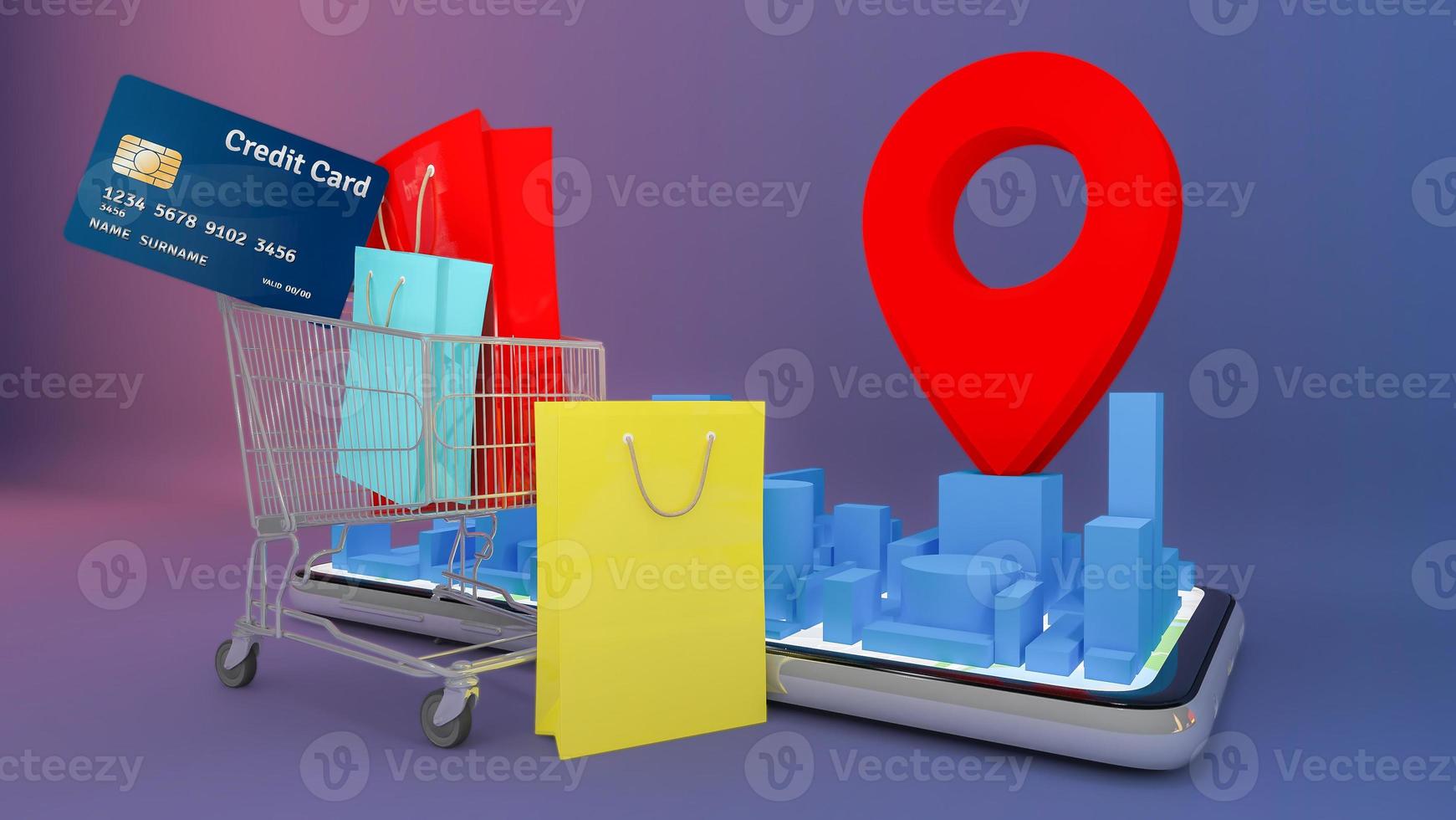 muchas bolsas de papel y etiquetas de precios y tarjetas de crédito en un carrito de compras con un mapa de la ciudad digital móvil con punteros rojos, compras en línea y concepto de entrega, representación 3d. foto