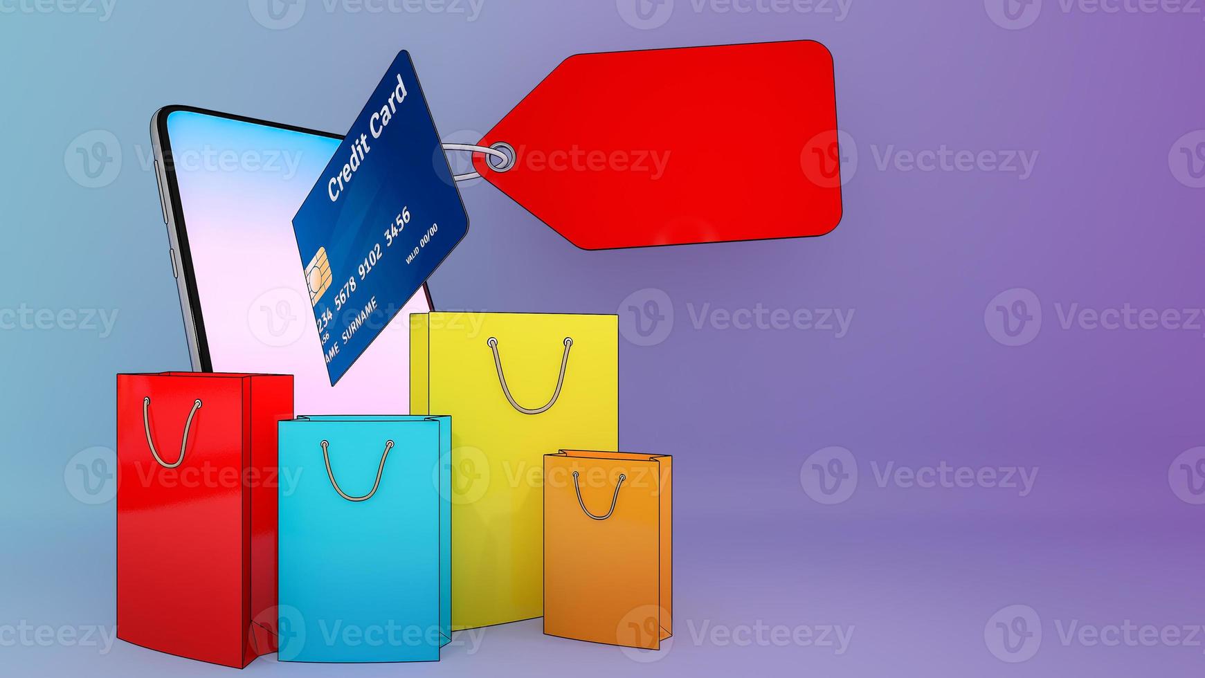 Credit card of ejected from a mobile phone and many shopping bag.,Online mobile application order transportation service and Shopping online and Delivery concept.,3D rendering. photo