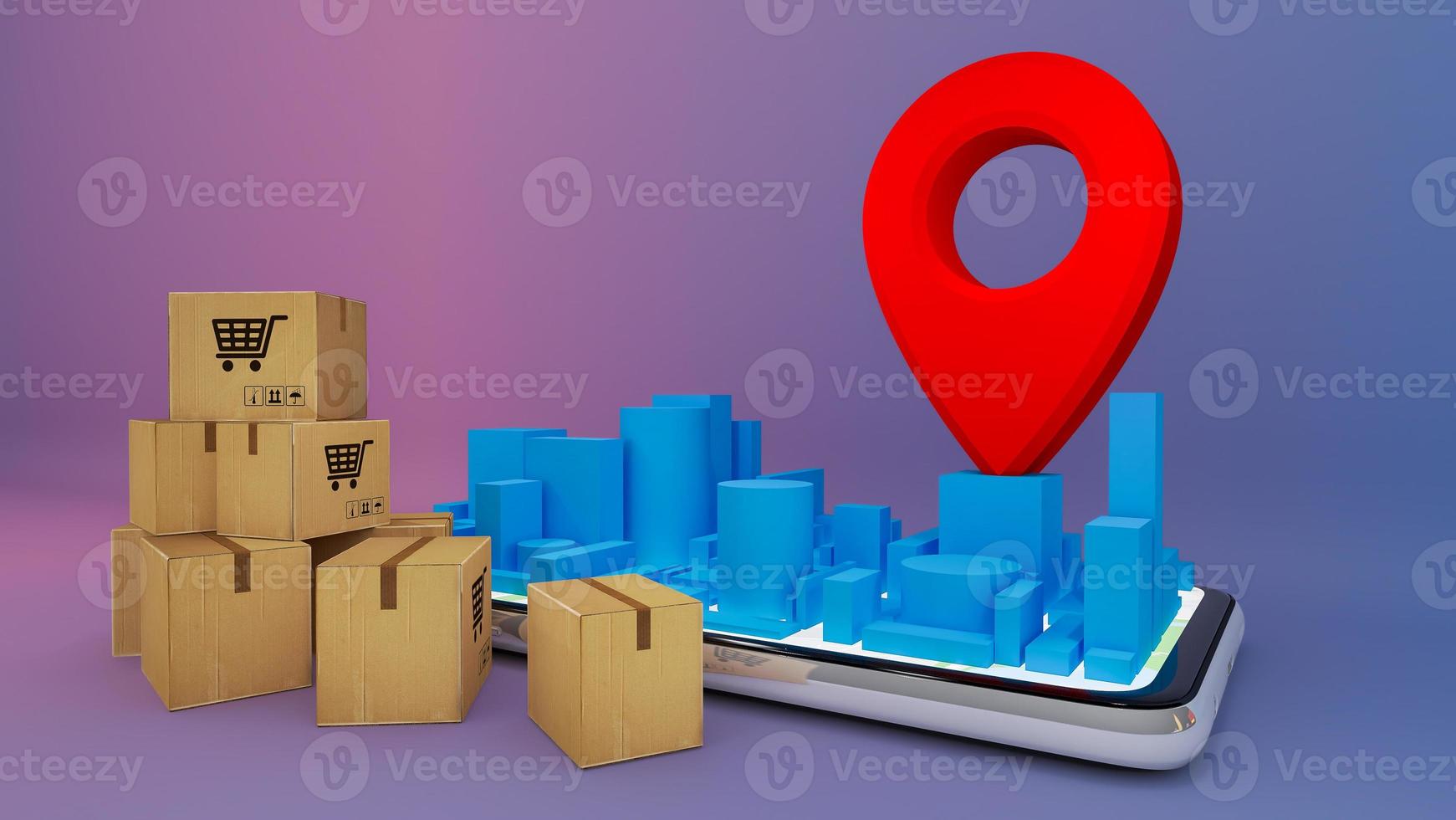 Many Paper box with mobile phone digital city map with red pin pointers., shopping online and delivery concept.,3D rendering. photo