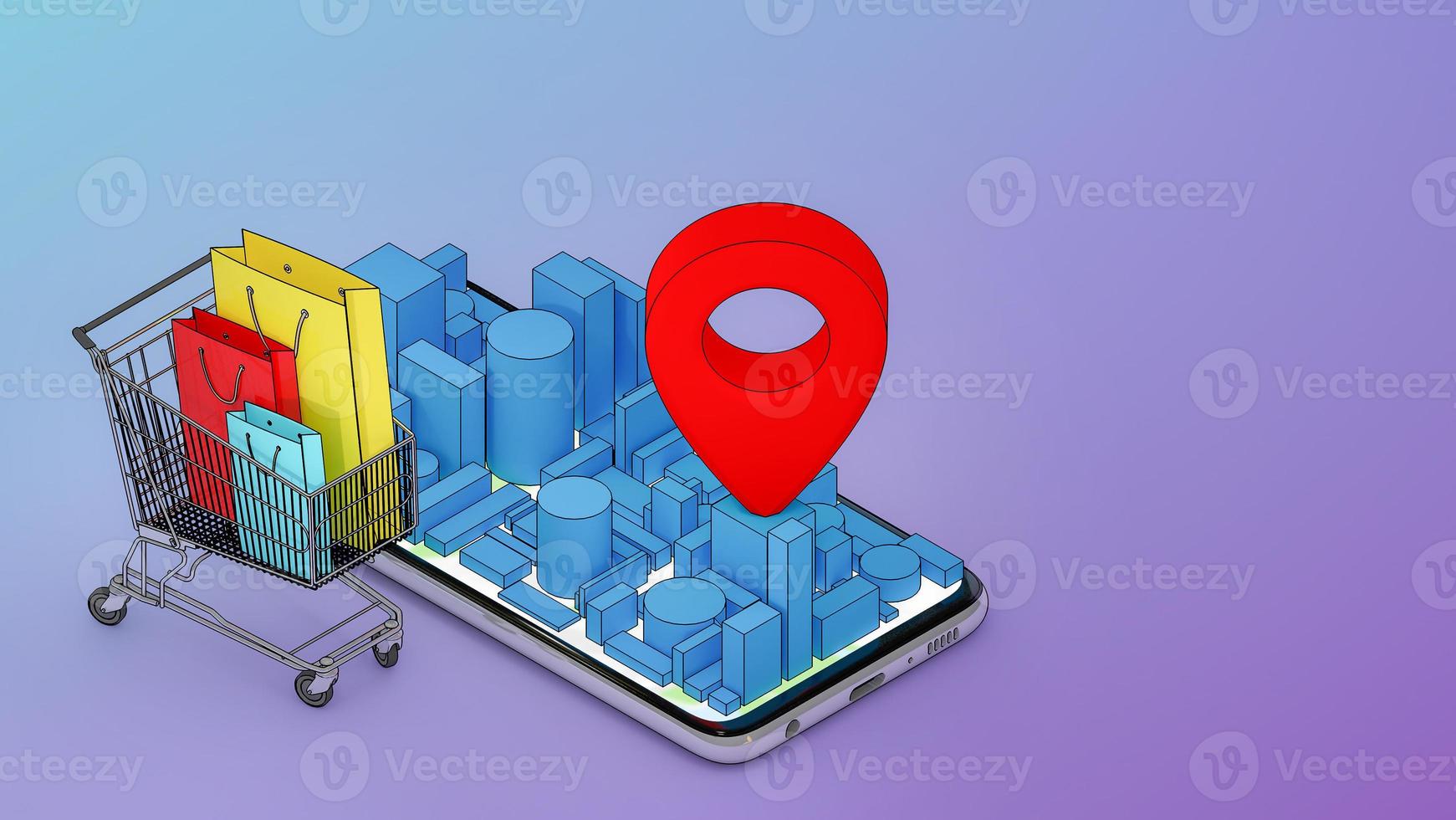 Many Paper bag and in a shopping cart with mobile digital city map with red pin pointers., shopping online and delivery concept.,3D rendering. photo