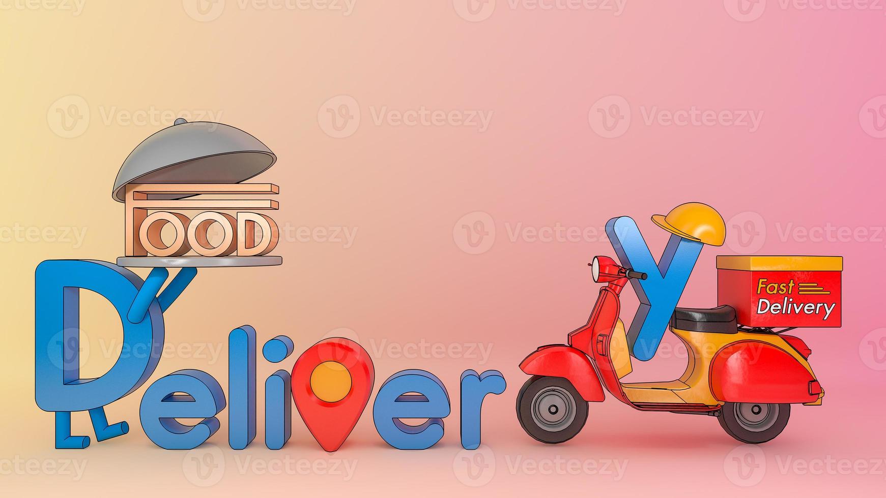 fuente de entrega de dibujos animados de personajes con scooter.,concepto de servicio de entrega de comida rápida y comida en línea.,ilustración 3d con ruta de recorte de objetos. foto