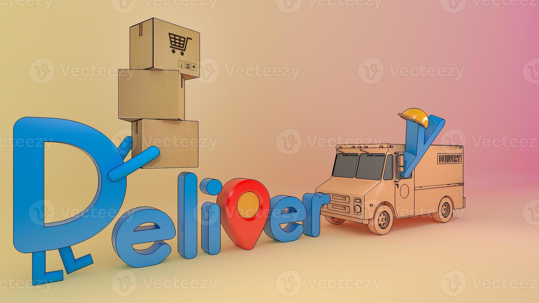 fuente de entrega de dibujos animados de personajes con camioneta y muchas cajas de paquetes., servicio de transporte de pedidos de aplicaciones móviles en línea, representación 3d. foto