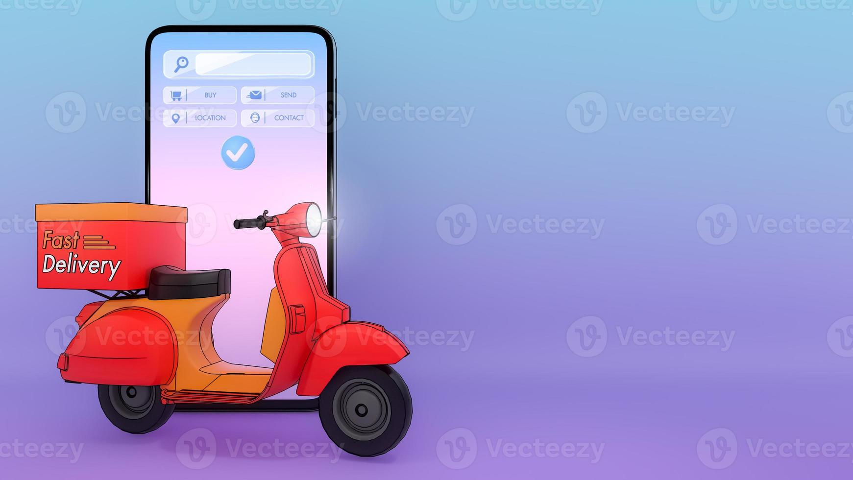 Scooter of ejected from a mobile phone.,Concept of fast delivery service and Shopping online.,3d illustration with object clipping path. photo