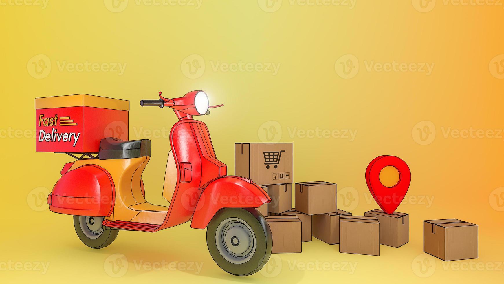 muchas cajas de paquetes con scooter.,concepto de servicio de entrega rápida y compras en línea.,ilustración 3d con ruta de recorte de objetos. foto