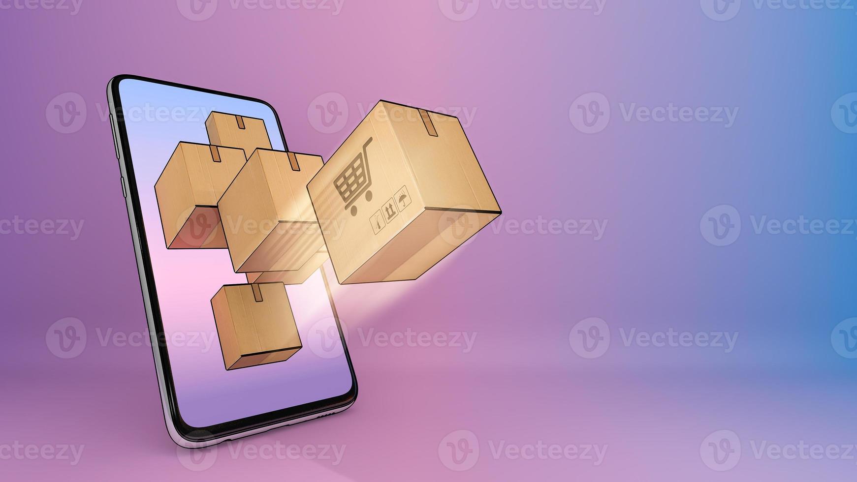 Parcel box of ejected from a mobile phone.,Online mobile application order transportation service and Shopping online and Delivery concept.,3D rendering. photo
