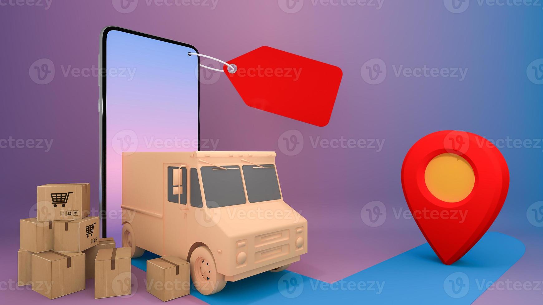 Online mobile application order transportation service.,Shopping online and Delivery concept.,3D rendering. photo