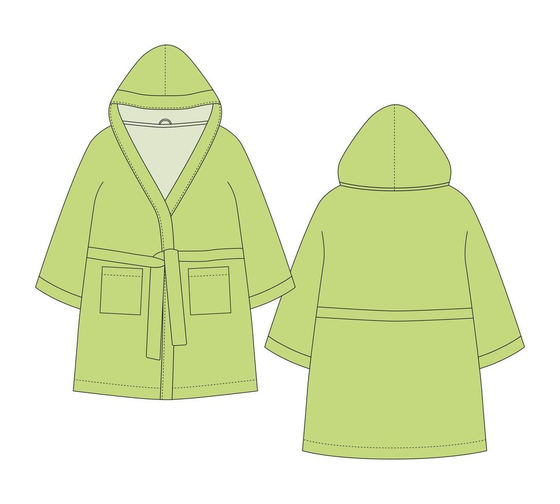 Bathrobe technical sketch. Hooded bathrobe with pocket and belt. Light green color. vector