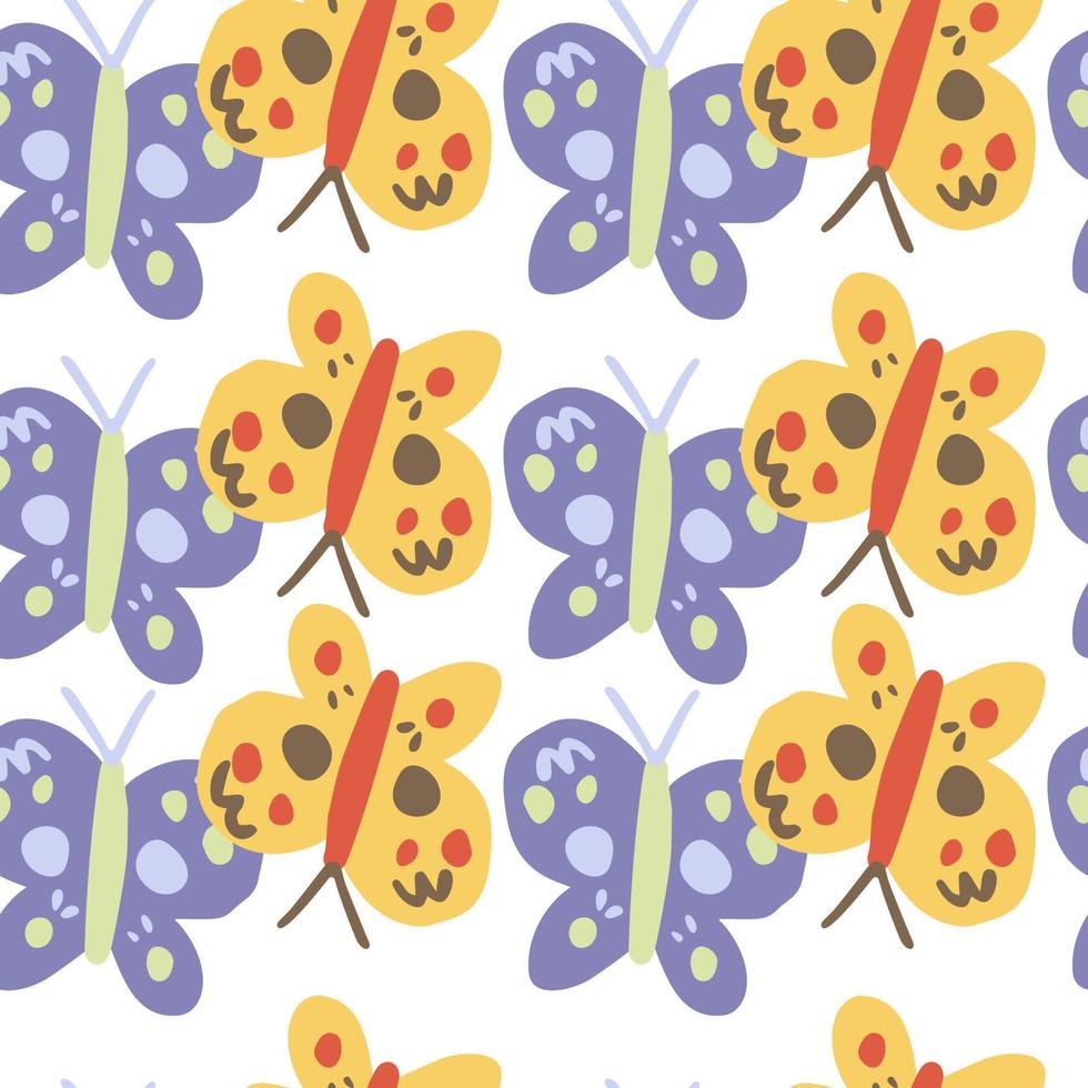 Cute butterfly seamless pattern. Doodle flying insect endless wallpaper. Naive art style. vector