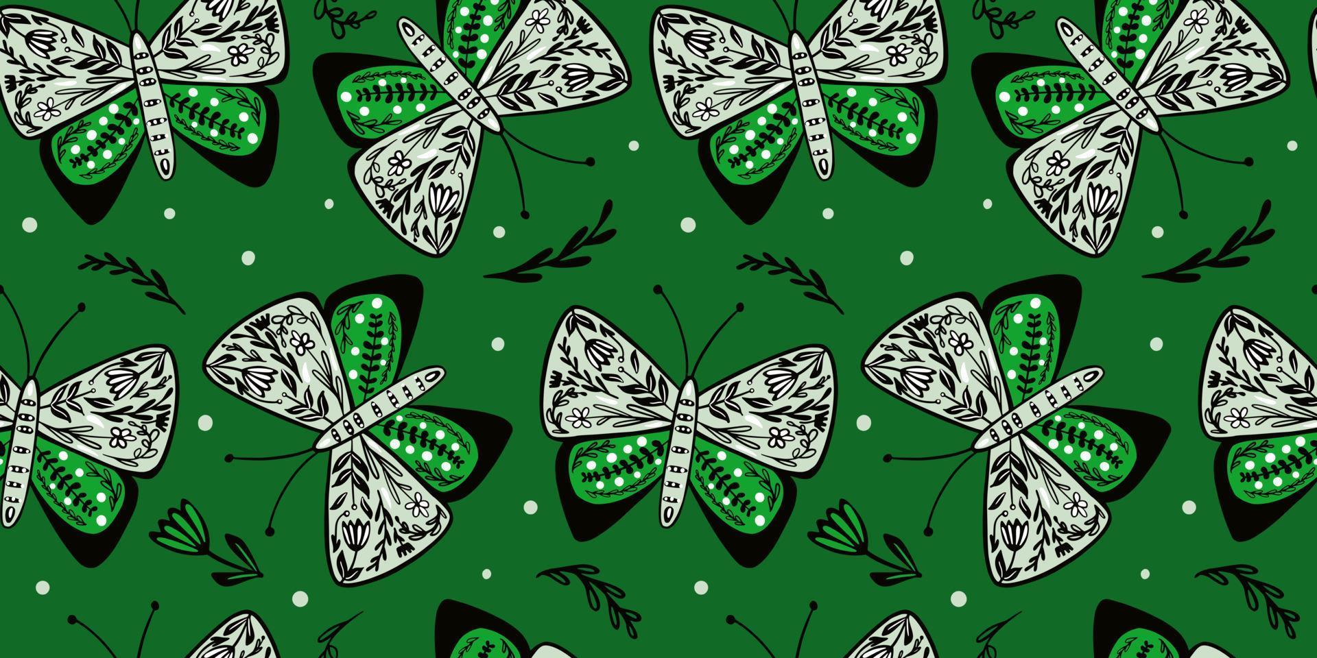 Butterflies and flowers seamless pattern in folk style. Hand drawn butterfly endless wallpaper. vector
