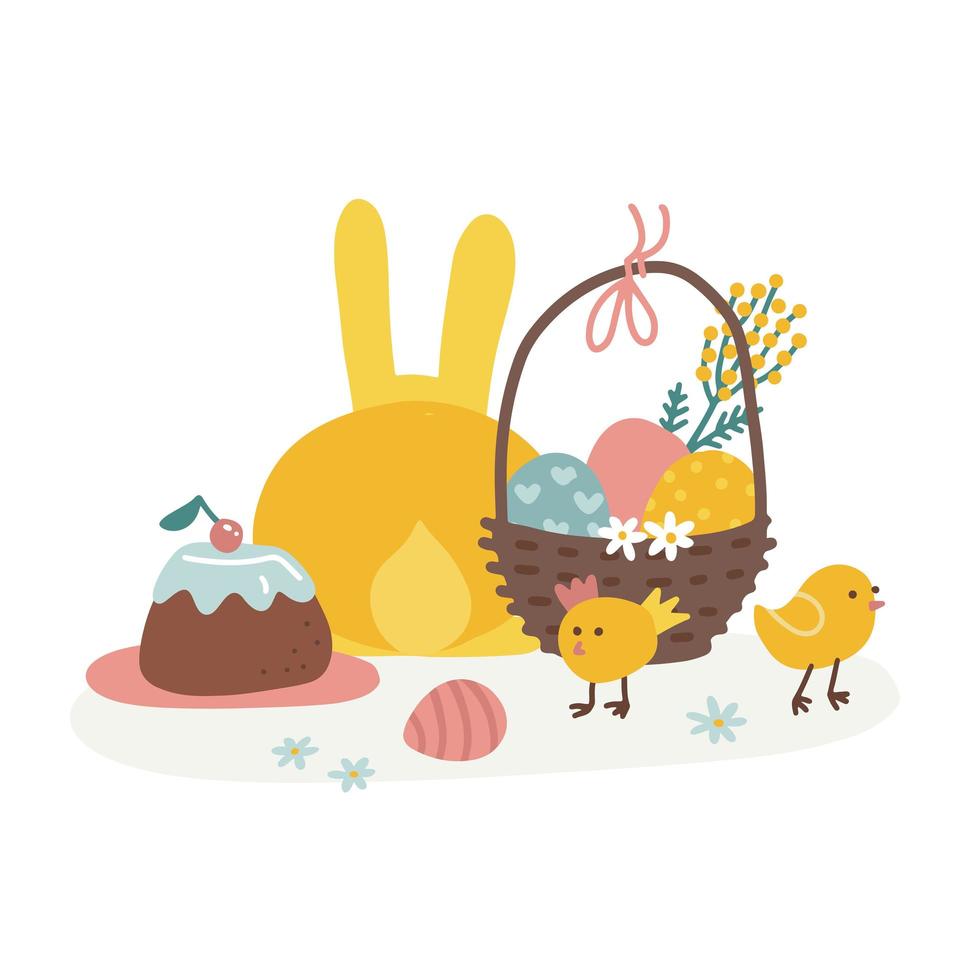 Cute Easter concept. Bunny with Easter elements - busket, eggs, chiks, flowers. Beautiful gift card. Colored flat vector illustration isolated on white background.