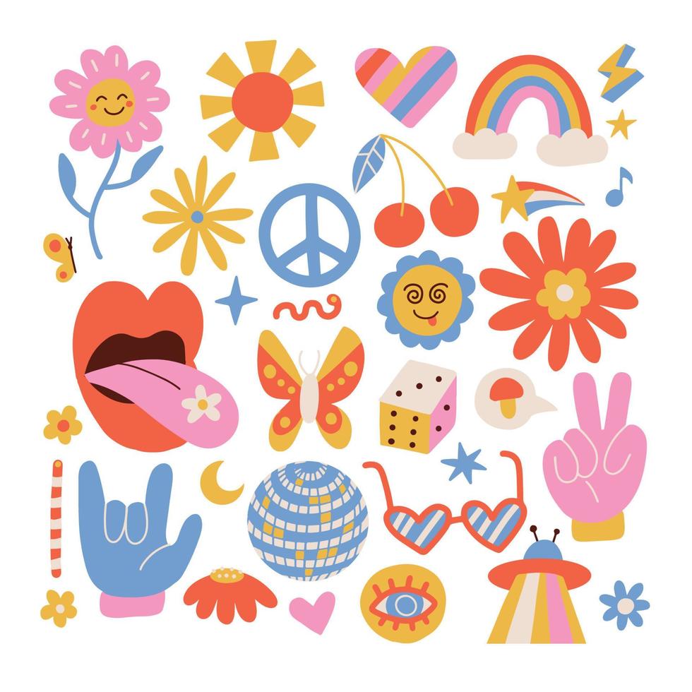 Psychedelic symbols set. Weird abstract funny elements for surreal trip. 70s and 80s trendy signs in acidic bright colors- flowers, piece and heart. Flat hand drawn vector illustration.