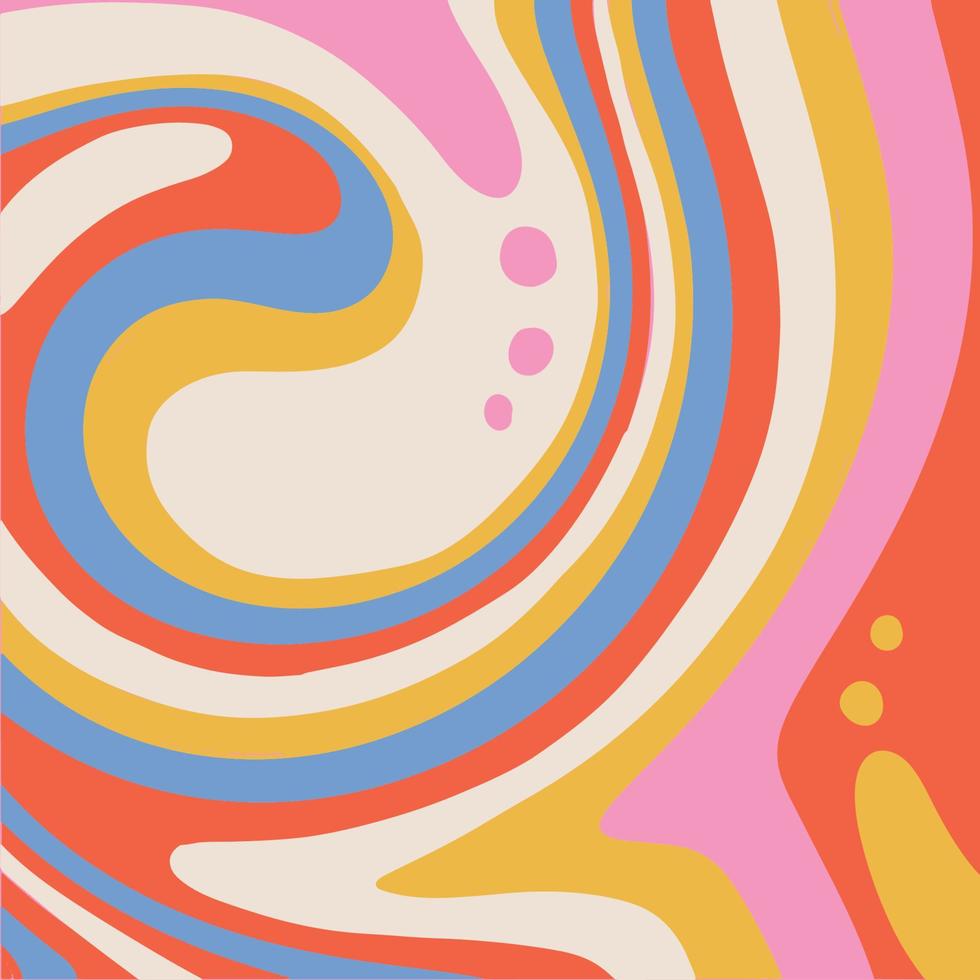 Fondo retro psicodélico de 1970 con formas fluidas y gotas. Diseño de papel tapiz hippie de los años 60. telón de fondo trippy glitchy para fiestas psicodélicas de los años 60 y 70 con colores del arco iris vintage y ritmo. vector