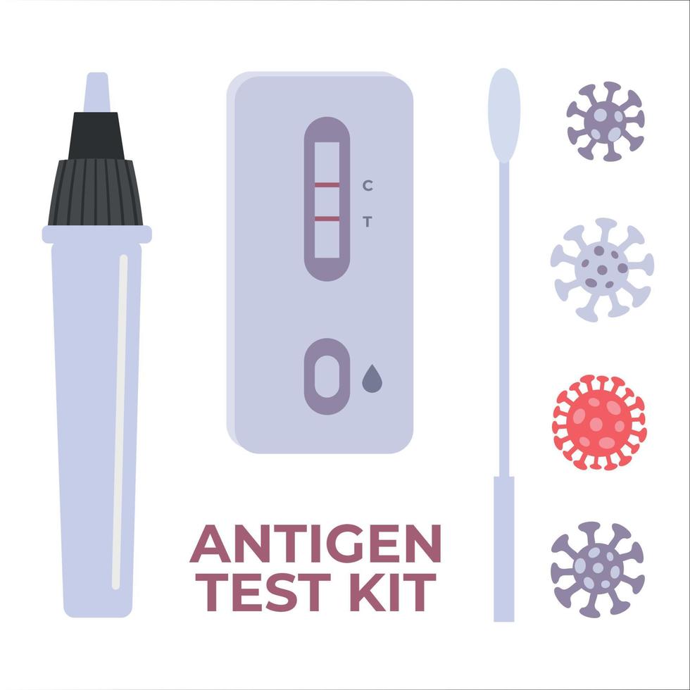 conjunto de elementos atk. kit de prueba covid-19, pcr, antígeno, prueba rápida. ilustración vectorial plana. vector