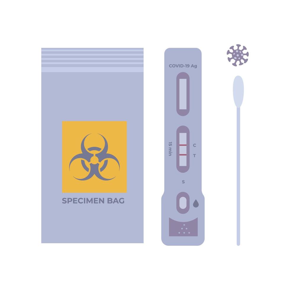 conjunto de prueba rápida de antígeno coronavirus o covid-19 o atk con casete positivo, bolsa de plástico con símbolo de riesgo biológico y bastoncillo, para la detección de enfermedades graves. ilustración vectorial plana. vector