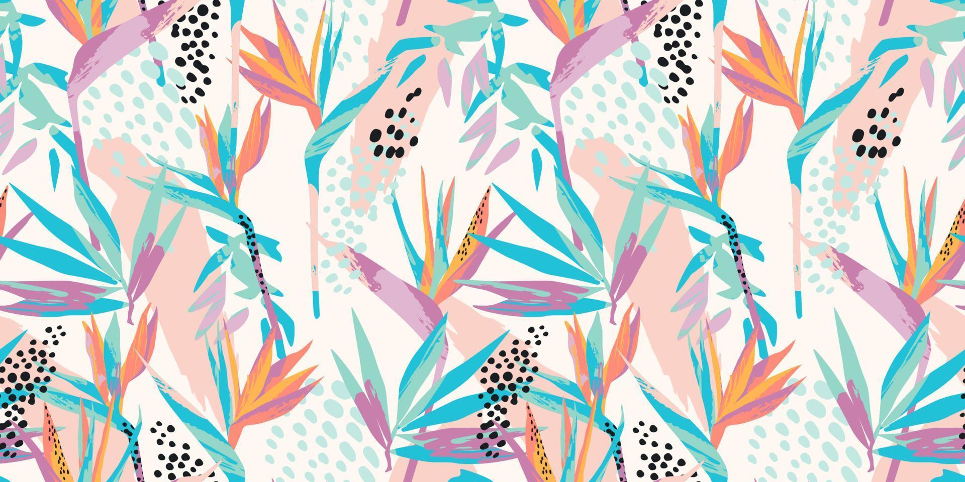 Abstract art seamless pattern with tropical leaves and flowers. Modern exotic design vector