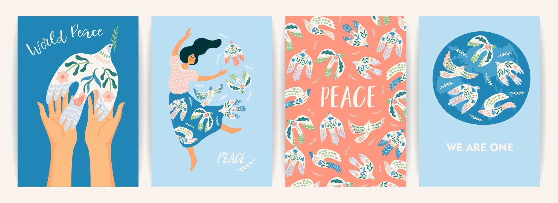 Peace on Earth. Woman and dove of peace. Vector set. Illustration for card, poster, flyer and other