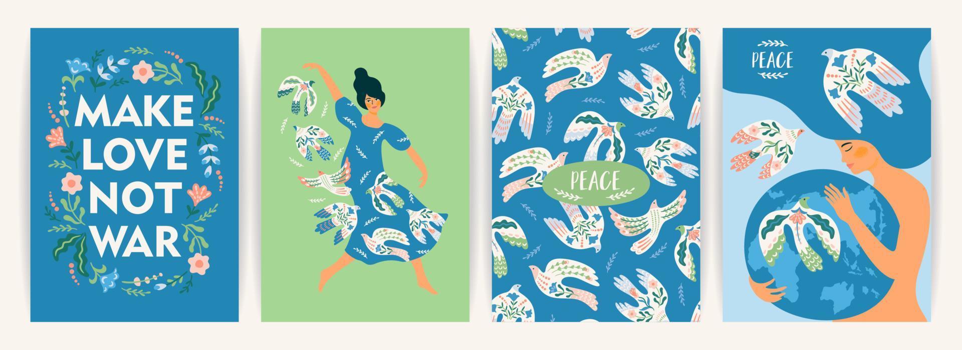 paz en la tierra. mujer y paloma de la paz. conjunto de vectores ilustración para tarjeta, afiche, volante y otros